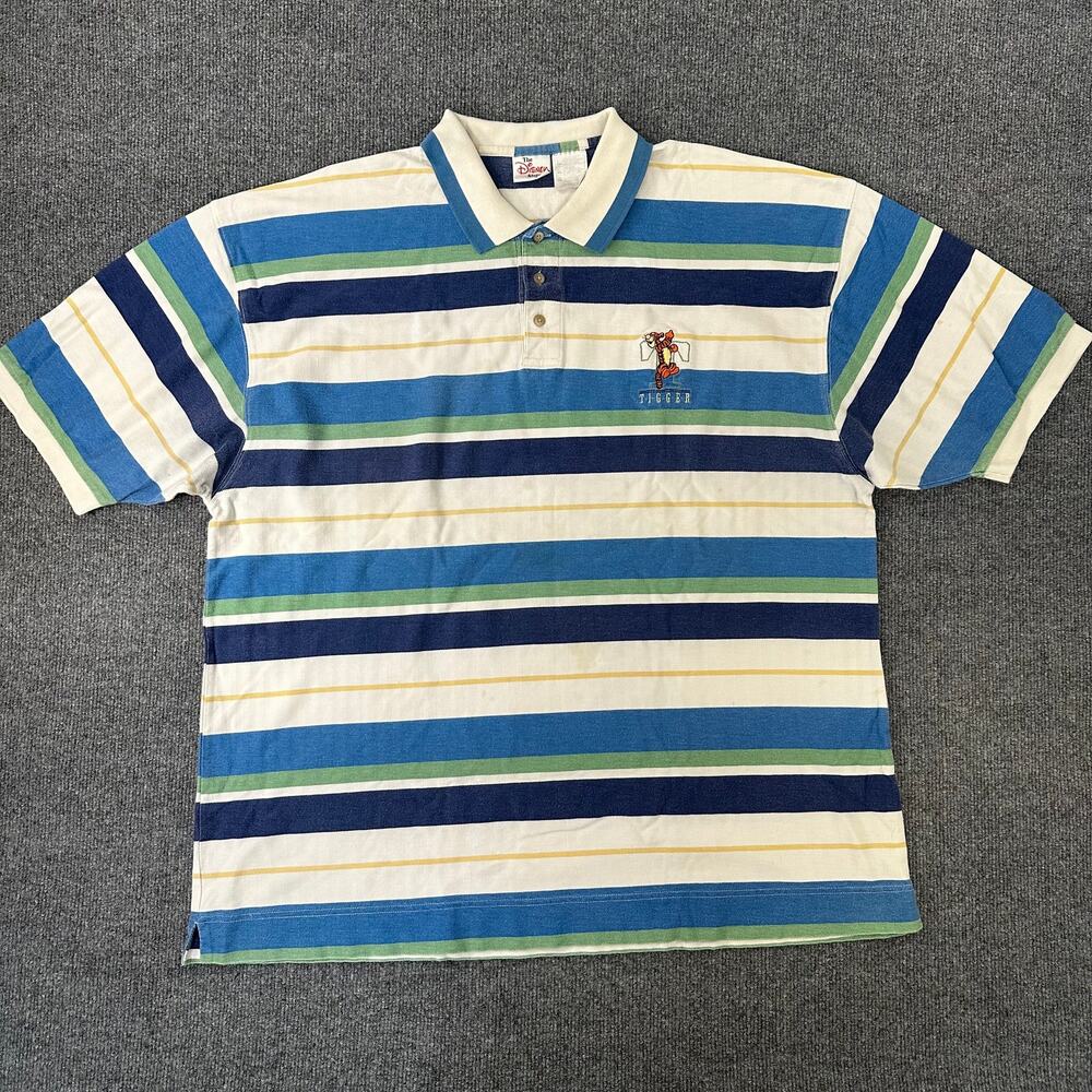 Vintage Men’s 90’s Y2K Disney Store Striped Polo Shirt Tiger Winnie The Pooh 2XL - Picture 2 of 8